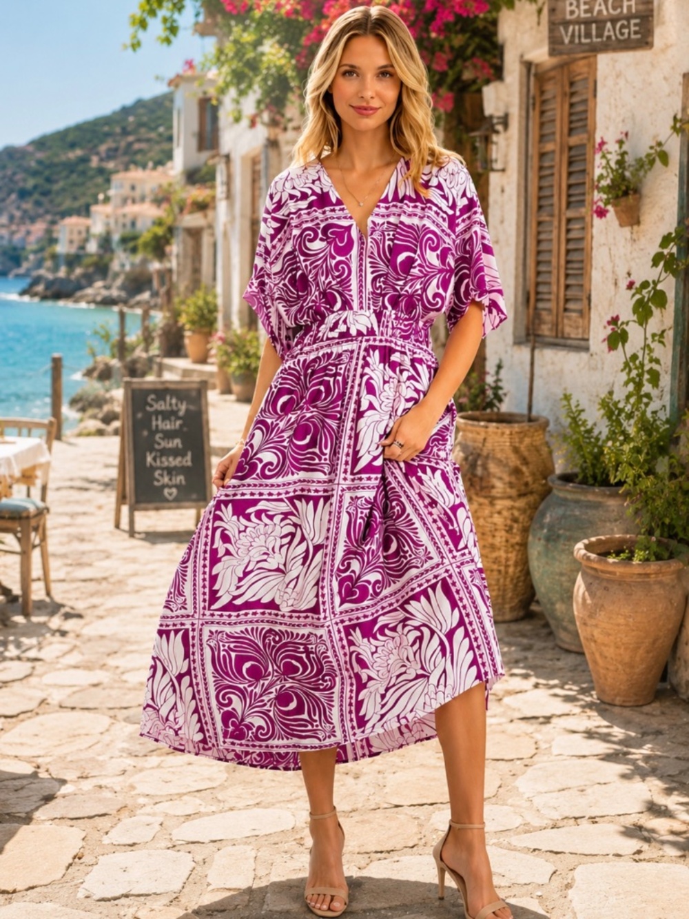 Dress-Midi Fuchsia & White